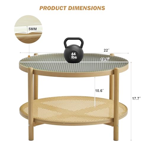 27.5" Boho Rattan Round Glass Coffee Table Z51440