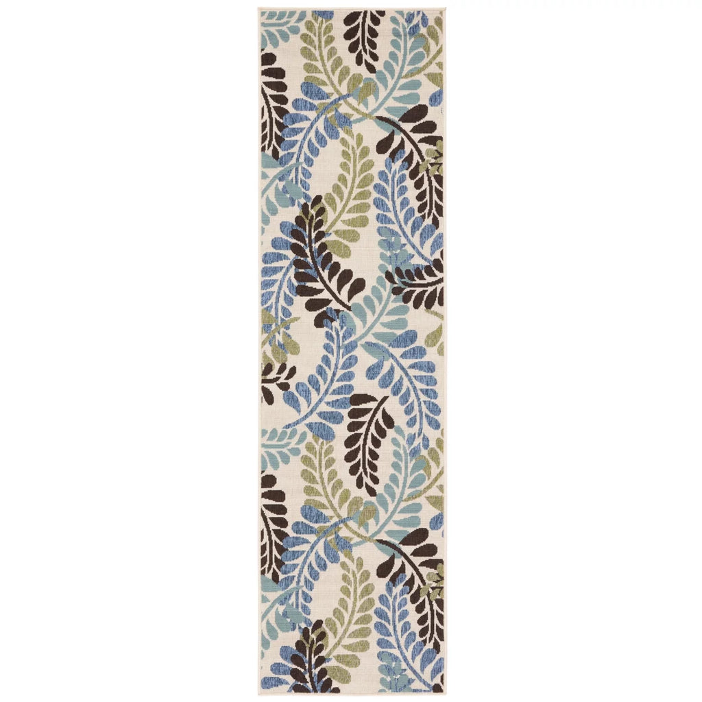Cream Aqua Floral Indoor/Outdoor Area Rug X62352