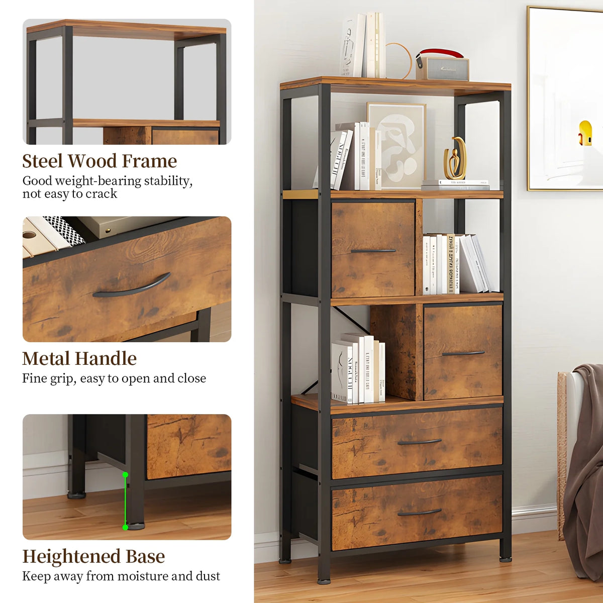 5 Tier Book Shelf with 4 Drawers, Rustic Oak Shelves & Metal Frame X514