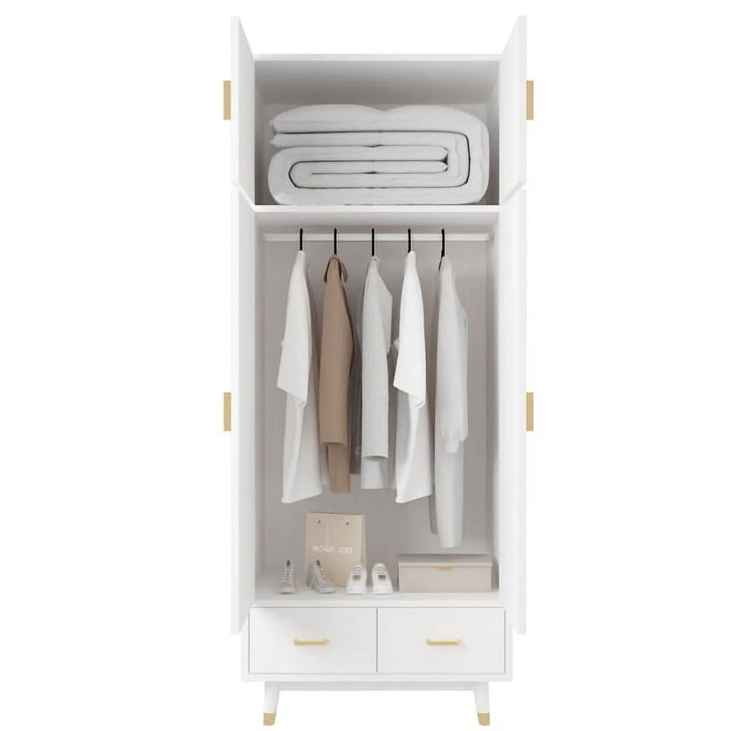 4 Door Wood Wardrobe with Clothing Rod and 2 Drawers, White H652987