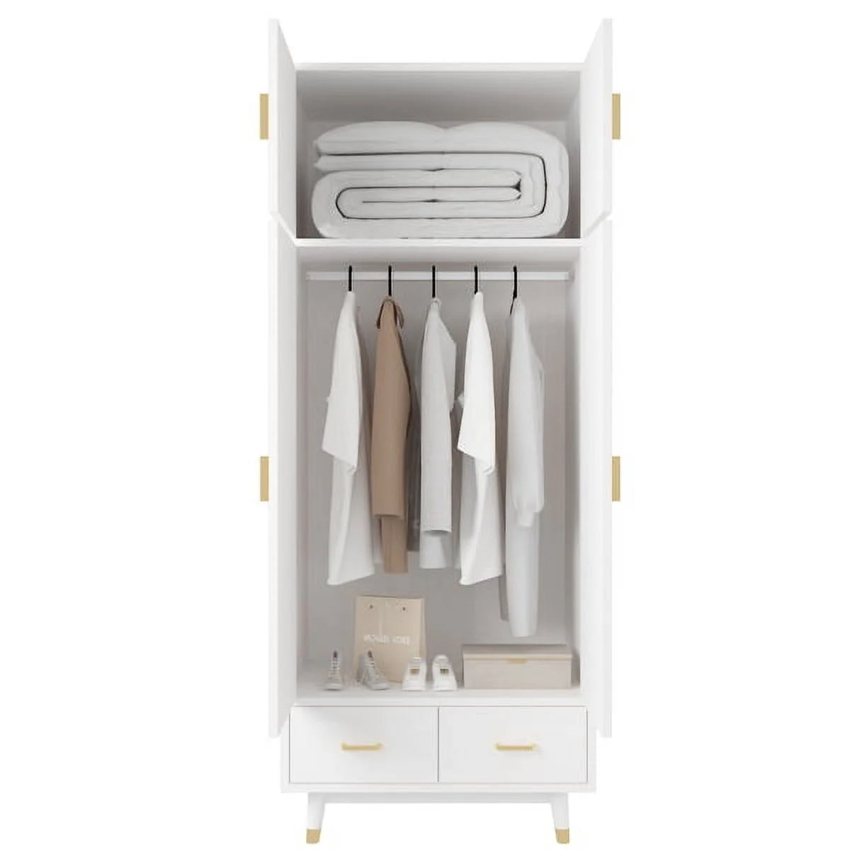 4 Door Wood Wardrobe with Clothing Rod and 2 Drawers, White H652987