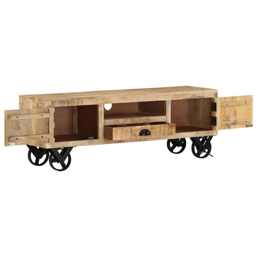 Rough Mango Wood Wheeled TV Stand with 2 Doors N650568