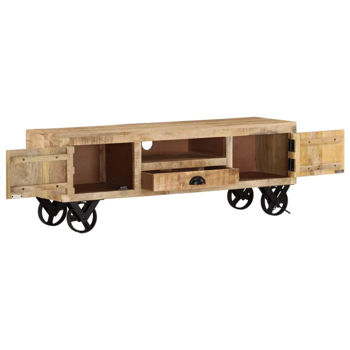 Rough Mango Wood Wheeled TV Stand with 2 Doors N650568