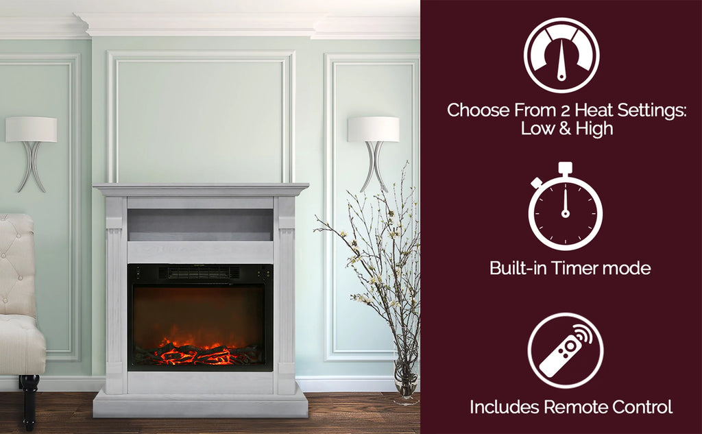34" Freestanding White Electric Fireplace Heater with Storage Shelf & Remote Control J4860
