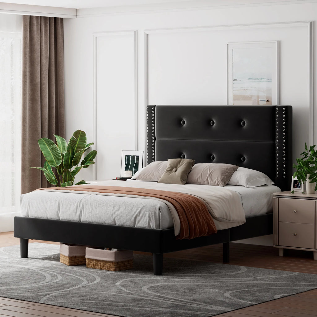 Queen Black Velvet Upholstered Platform Bed Frame with Tufting Headboard Y354668