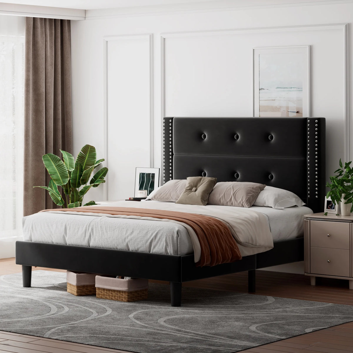 Queen Black Velvet Upholstered Platform Bed Frame with Tufting Headboard Y354668