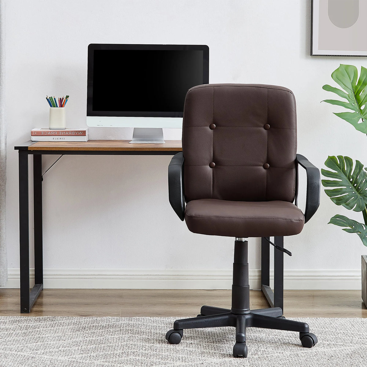 Corner Computer Desk & Chair Set, Adjustable Height Office Chair, Antique Brown Y9574