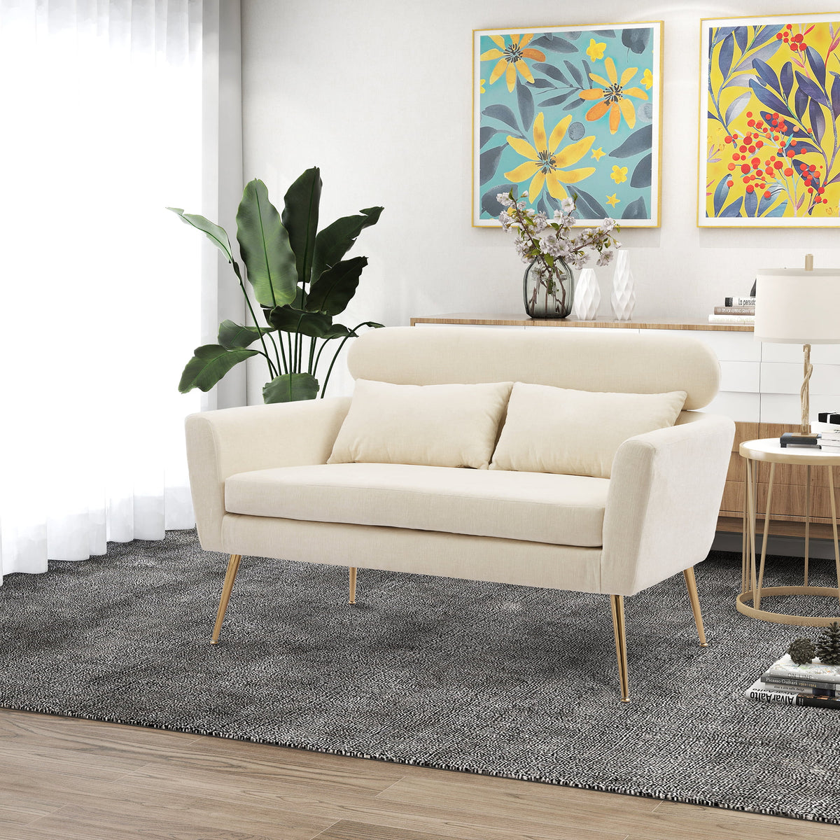 Mid Century Modern Chenille Two-Seater Sofa with 2 Throw Pillows A710419