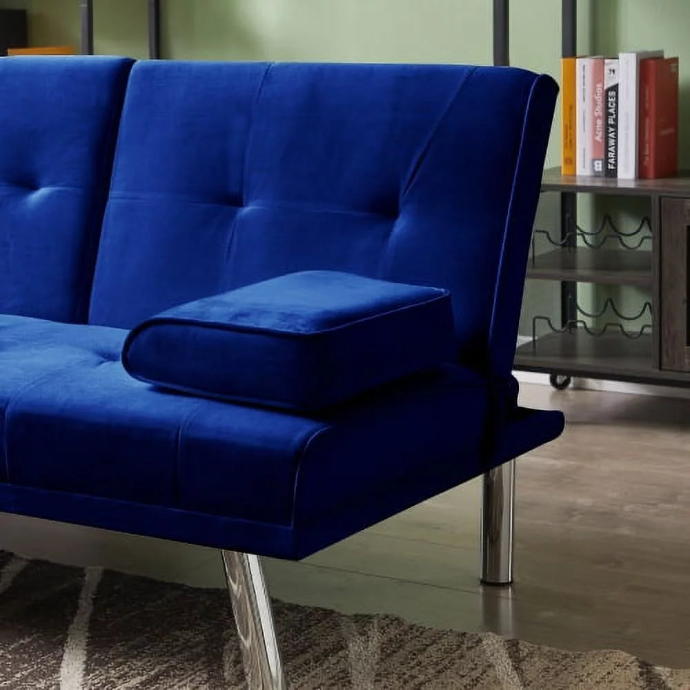Blue Velvet Convertible Futon Sofa Bed with 2 Cup Holders R6527