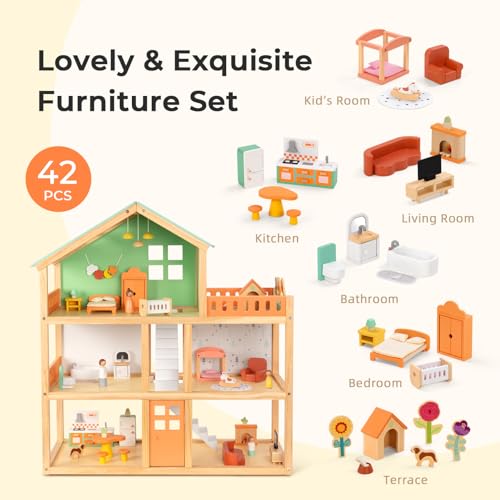 Large Wooden 3-Story Dollhouse with 42 Pcs Furniture T782