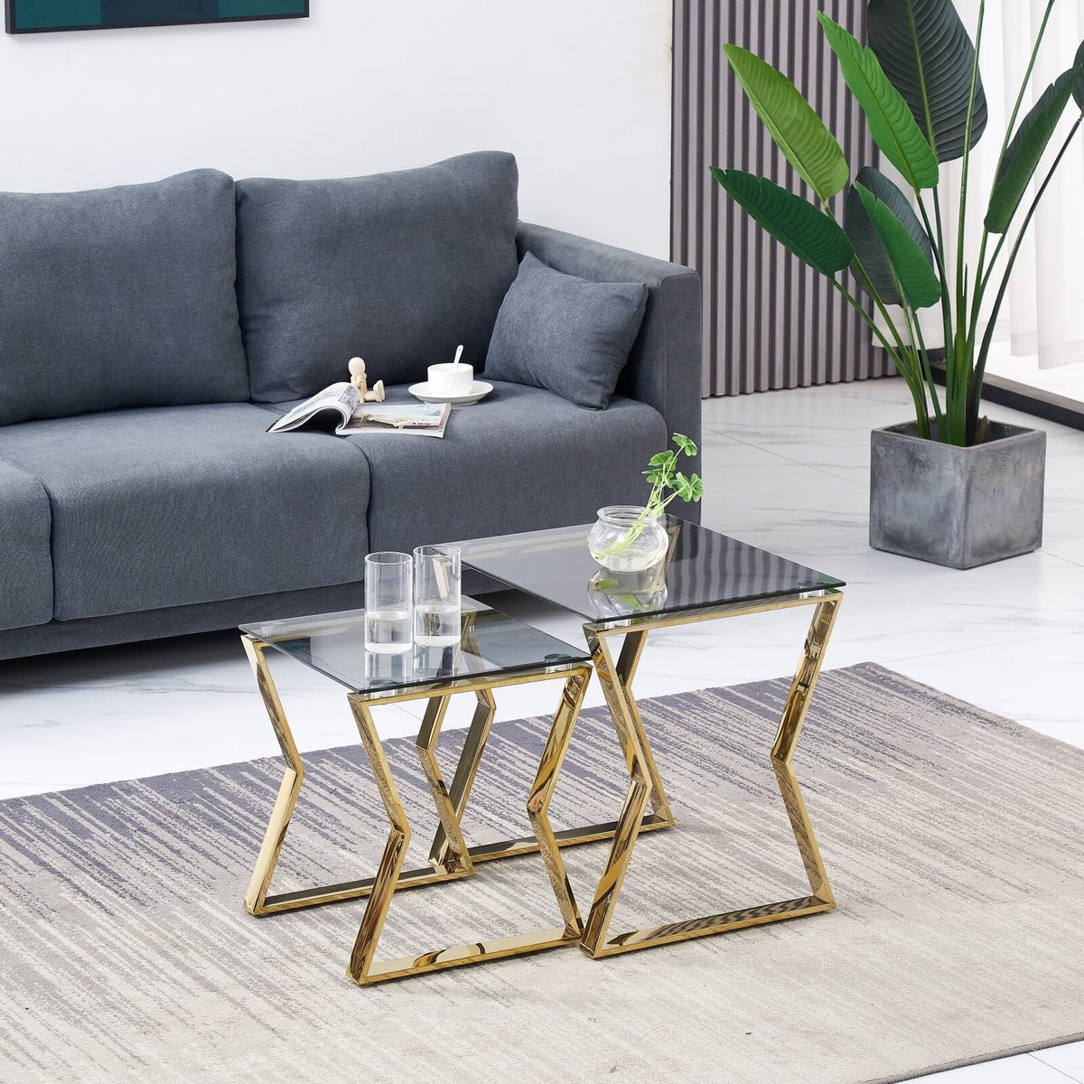 2 Pieces Gold Glass Nesting Tables Stainless Steel Frame Q271108