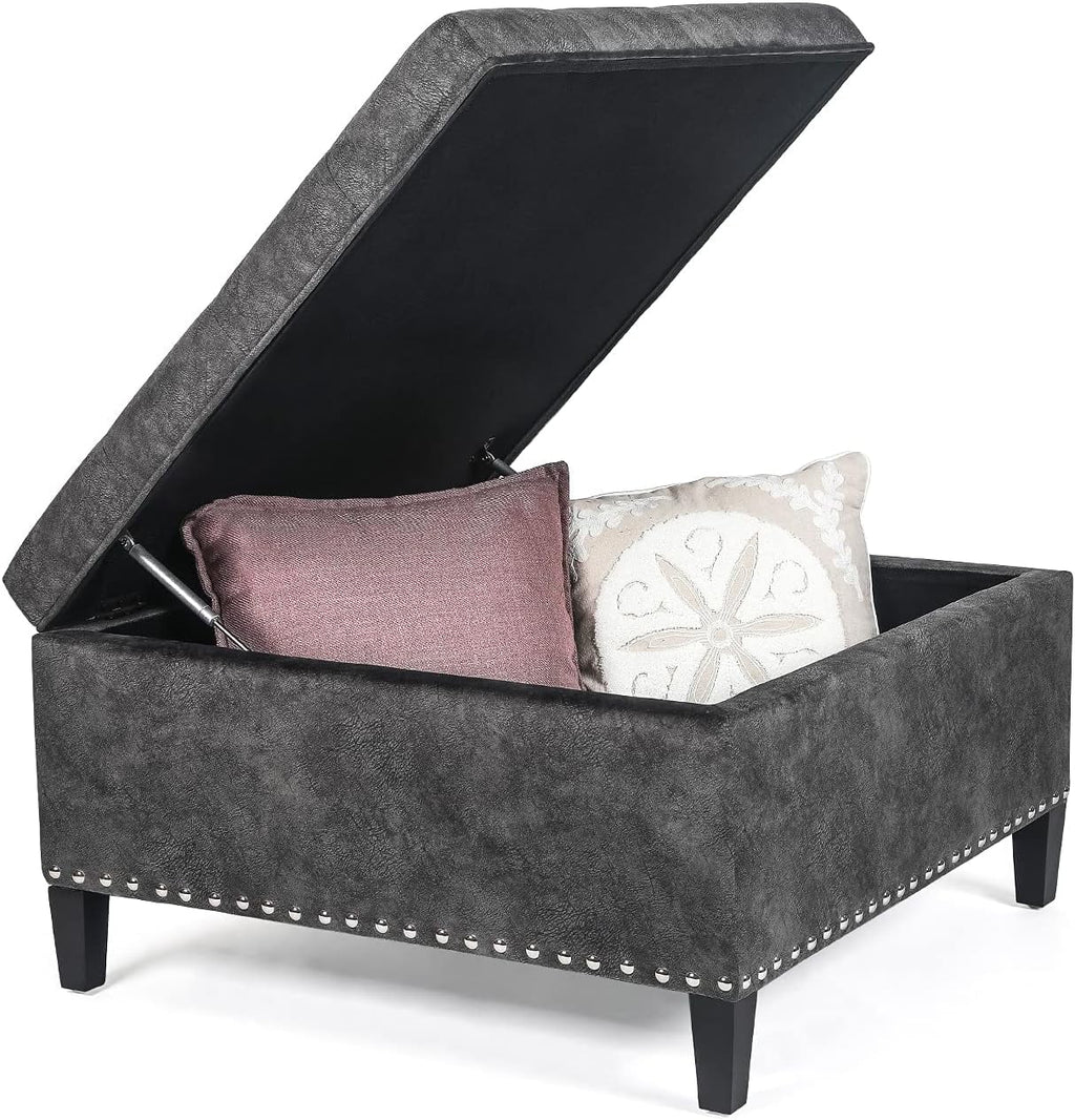 Grey Tufted Storage Ottoman Bench with Wood Legs W454295
