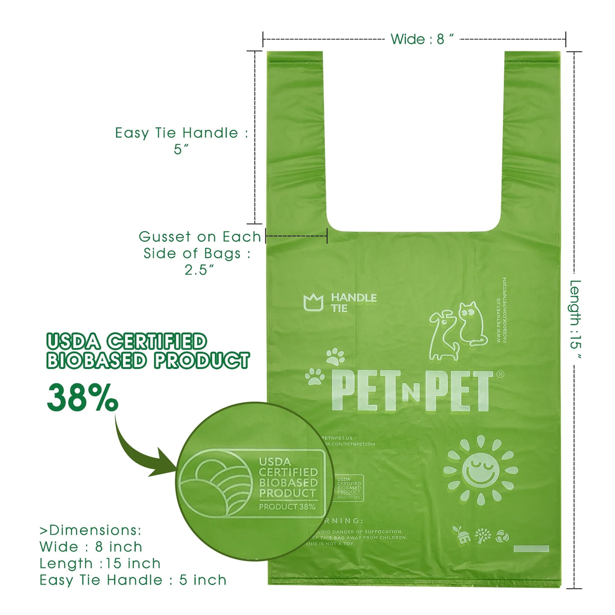 Dog Poop Bags with Easy-tie Handles Unscented Leak Proof 8 x 15 Inches W3662