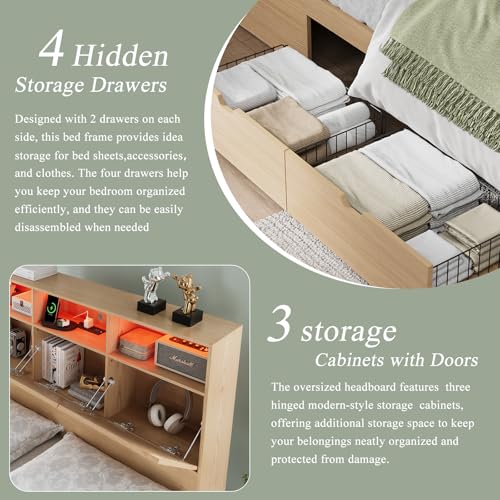 Queen Size Wood Bed Frame with Storage Headboard and 4 Drawers S898