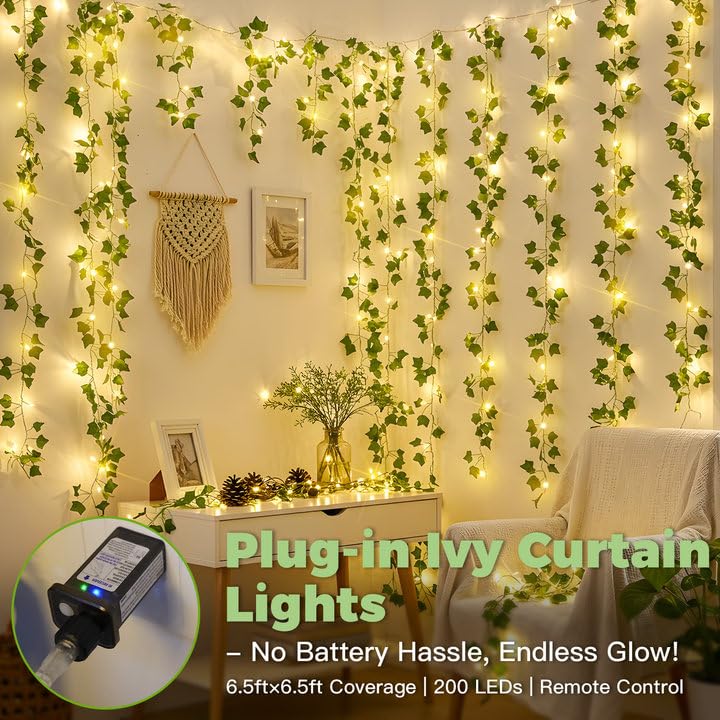 200 LED 6.5ft x 6.5ft Pothos Fairy Curtain Lights with Remote Warm White M8137