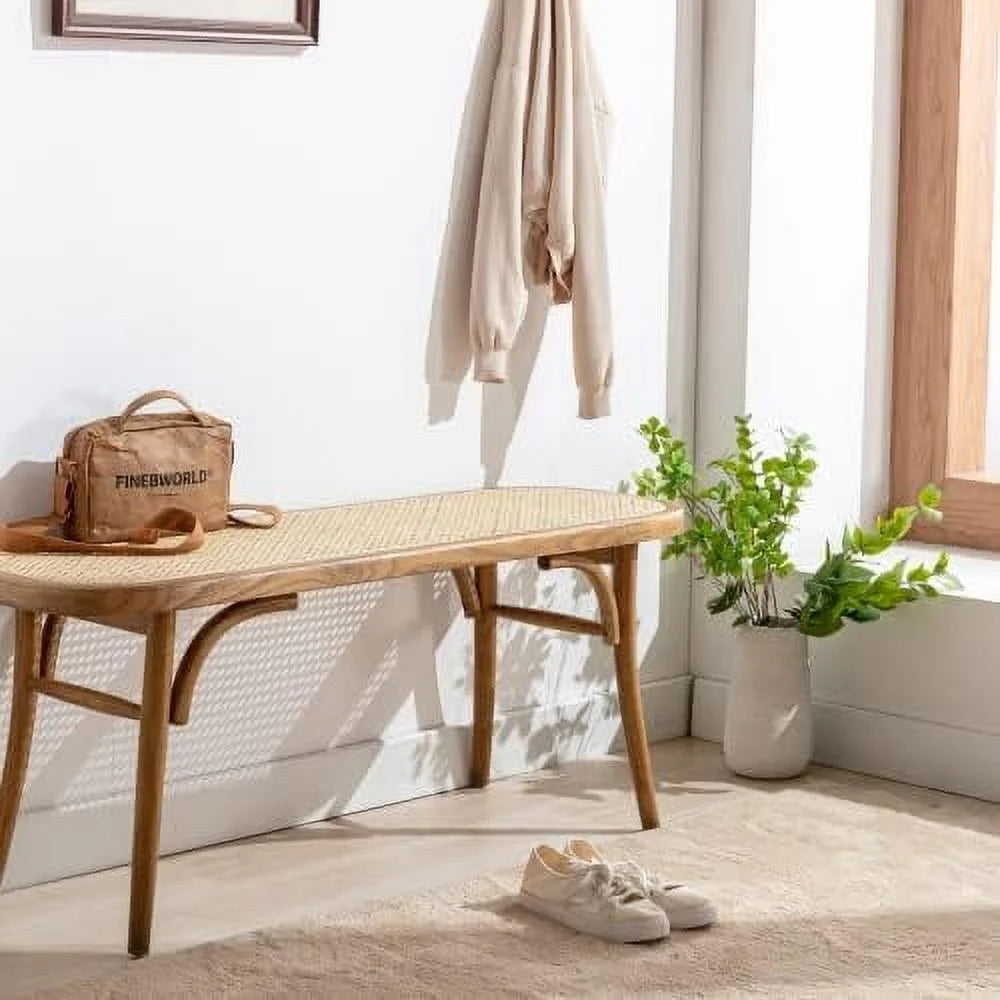 Wood Dining Bench with Rattan Seat I444293