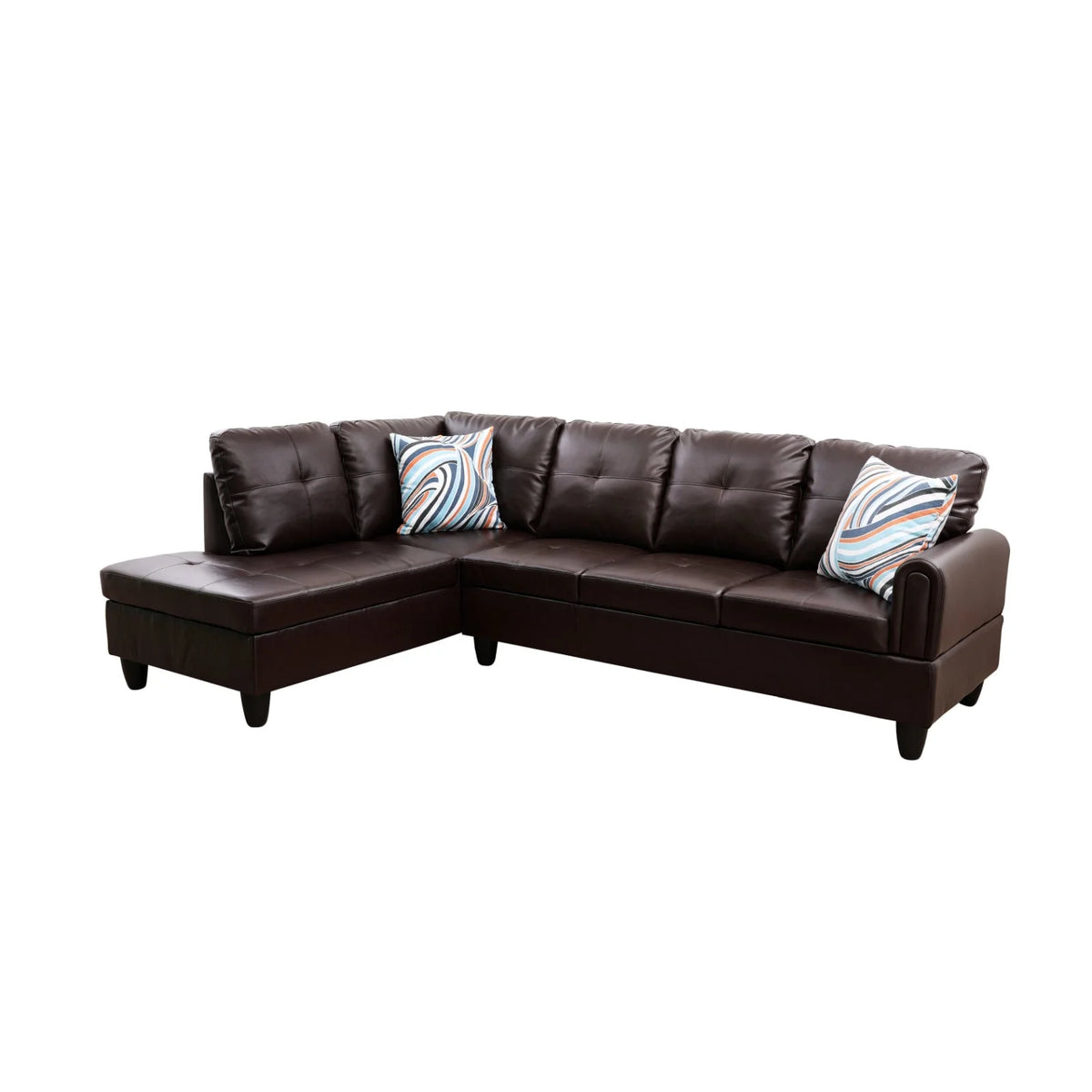 97" 2 Pieces L-Shaped Sectional Sofa with Pillows Brown Faux Leather P9873
