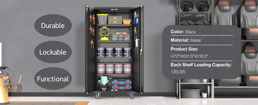 Black Metal Storage Cabinet with Wheels and Pegboard I127