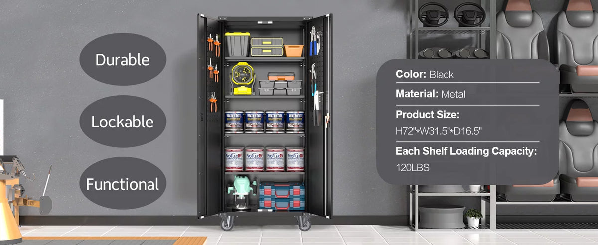 Black Metal Storage Cabinet with Wheels and Pegboard I127
