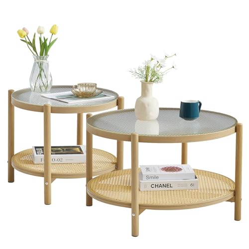 27.5" Boho Rattan Round Glass Coffee Table Z51440
